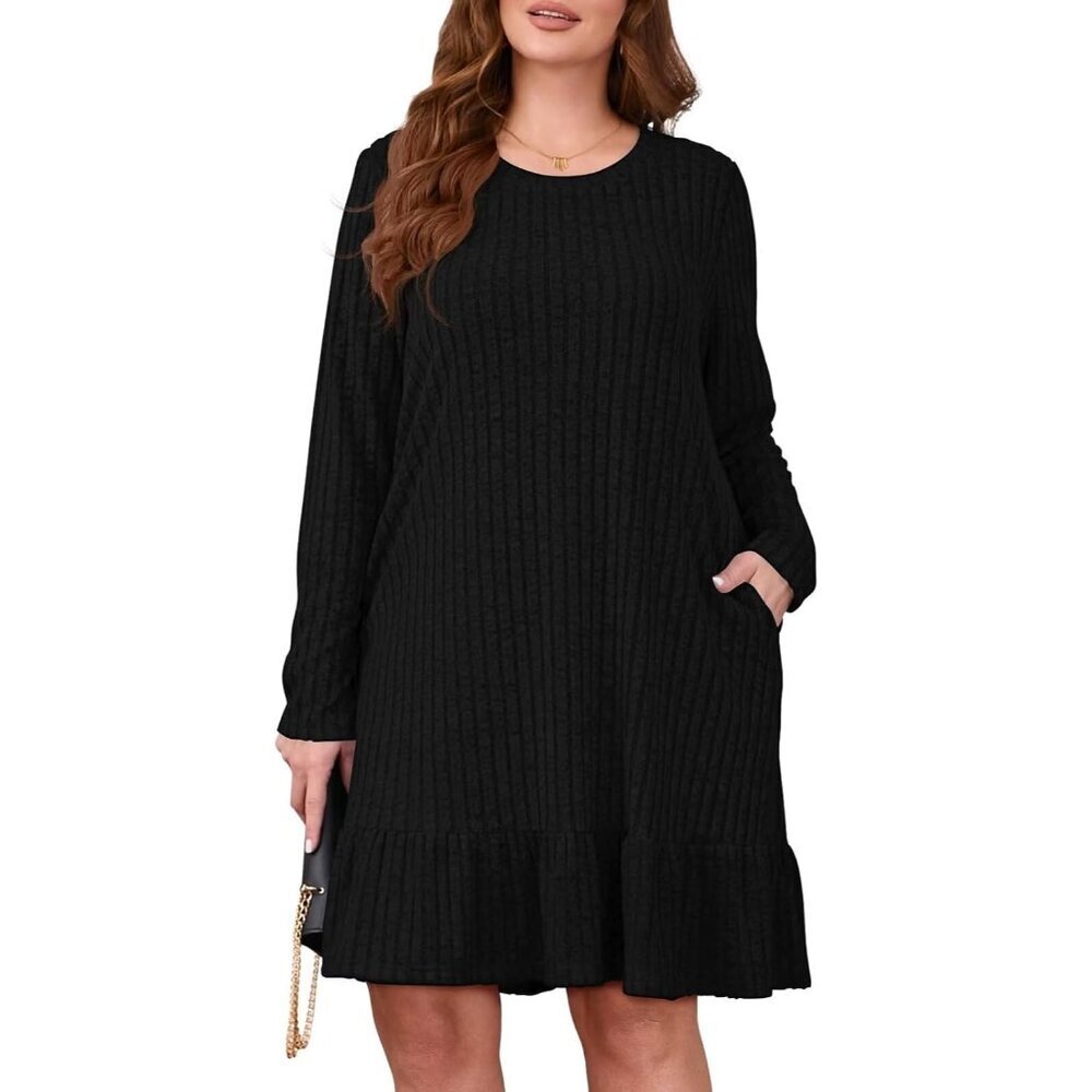 Plus Size Sweater Dress Rayon Polyester Spandex Crew Neck Casual Winter